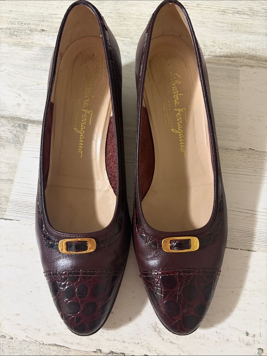 Salvatore Ferragamo Shoes - Salvatore Ferragamo Burgundy Croc-Accent Leather Pumps with Gold Buckle